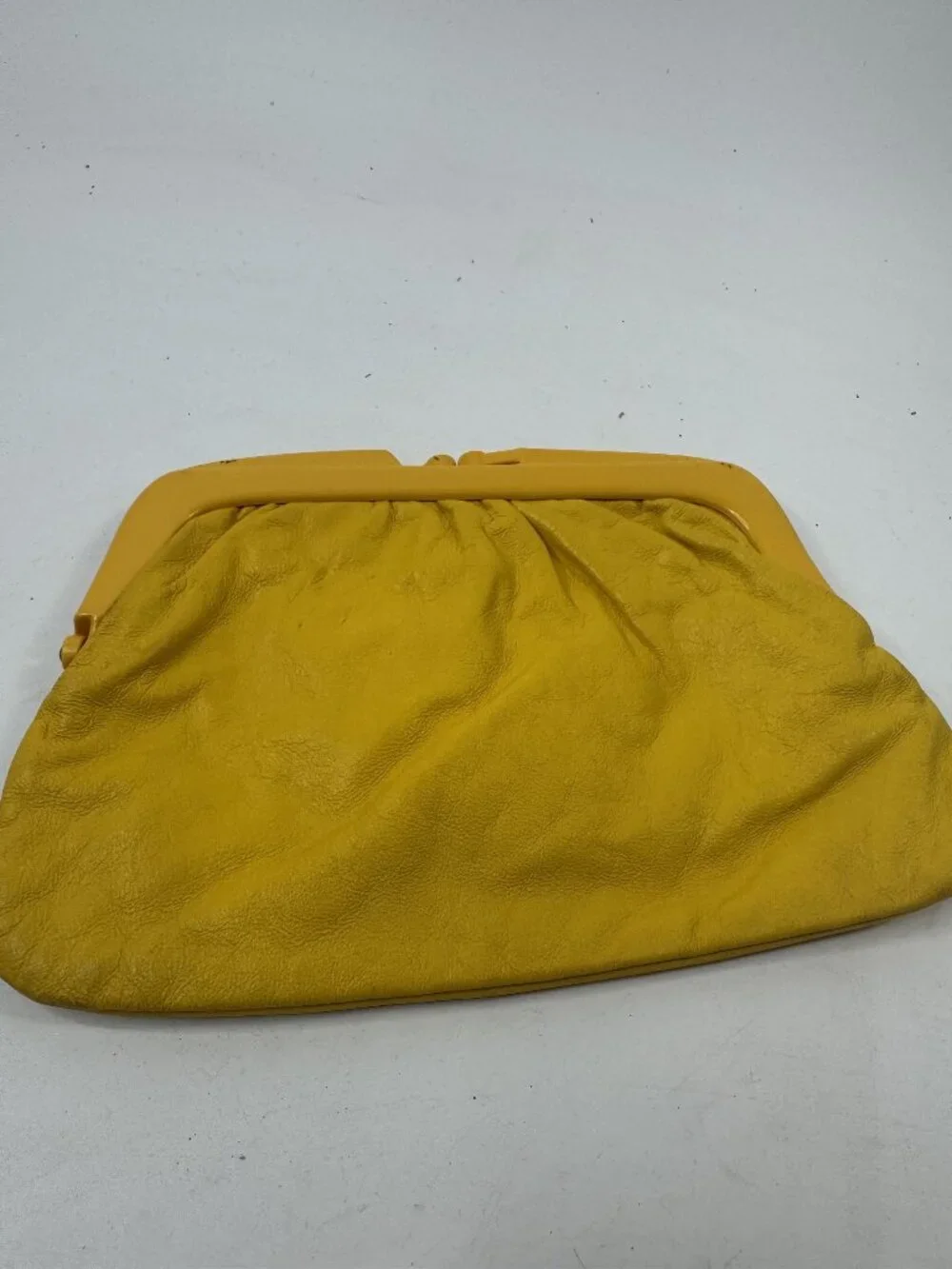 Vintage Yellow Leather Clutch Purse With Snap Closure & Fabric Interior Made In